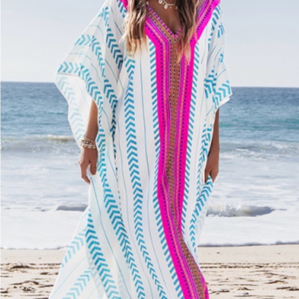 Bohemian White Swim Cover-Up Kaftan with Turquoise Chevron and Pink Trim